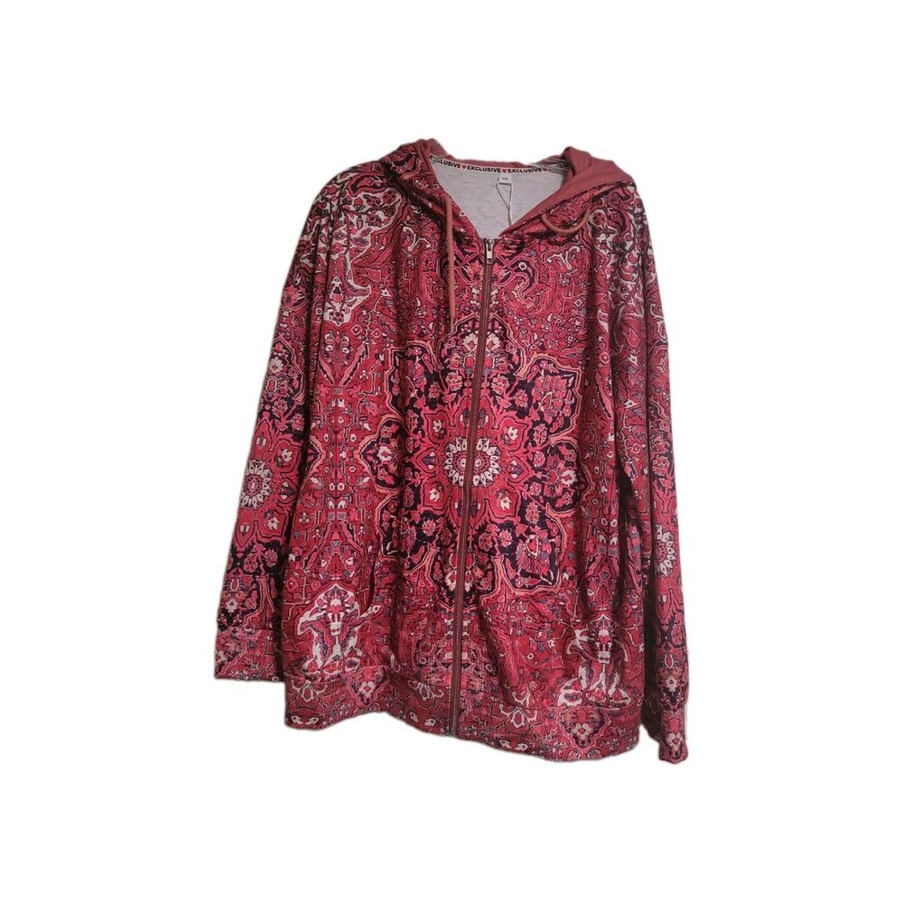 Exclusive Women’s XXL Red Paisley Print Zip Front Hooded Jacket Hoodie NWT